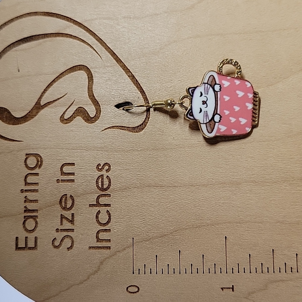 White Cat Teacup Drop Earrings - Picture 3 of 5